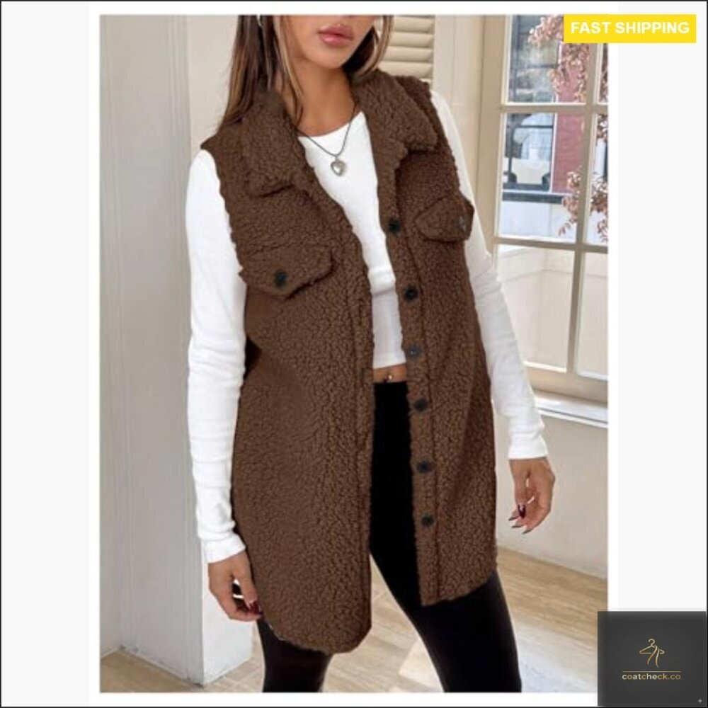 Teddy Fleece Vest Sleeveless Button Down Coat Chic Fall Winter Outerwear - Picture 2 of 5